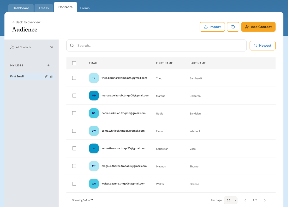 Thunk Mail audience view: an imported contact list with search and per-contact rows