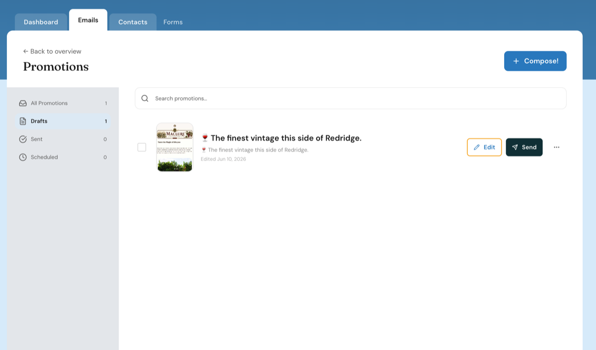 Thunk Mail promotions view: a campaign ready to send with edit and send actions